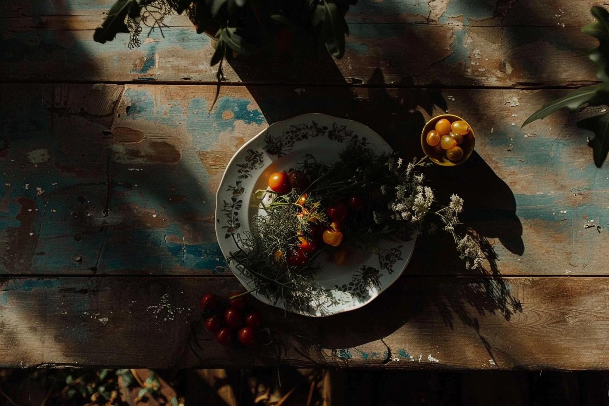Plated seasonal menu on dark table